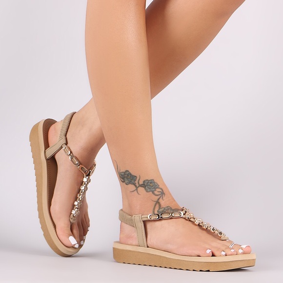 GoJane Brown and Gold Thong Flatform Sandals
